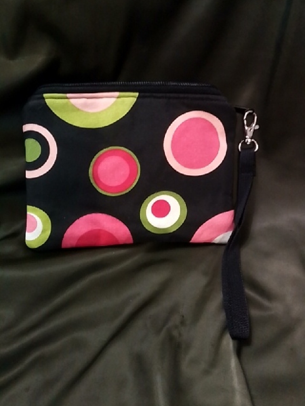 Nan Gates Black Wristlet Clutch with Pink & Green Circle Print